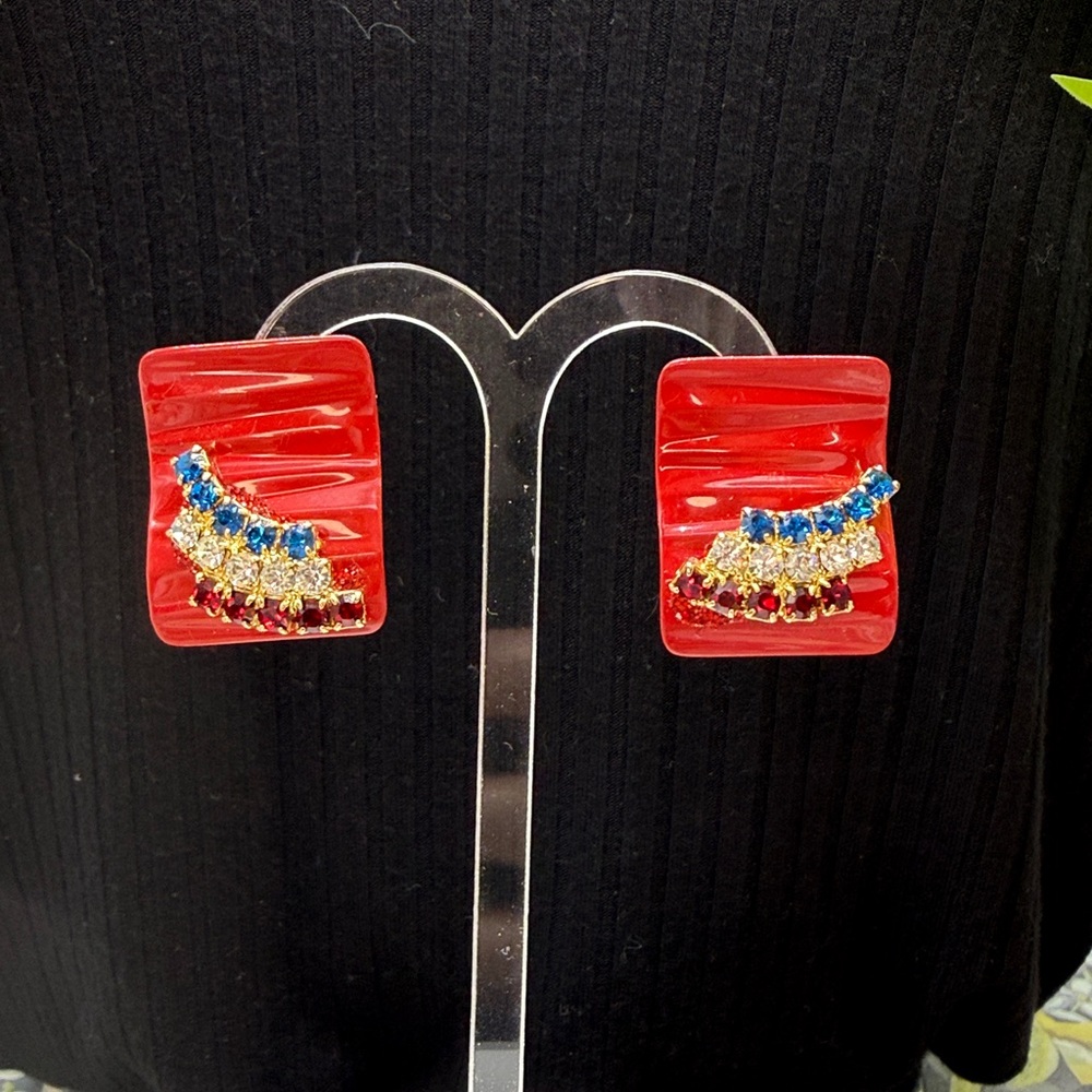 🌟Adorned Crown Jewelry july 4th red white blue enamel rhinestone post earrings